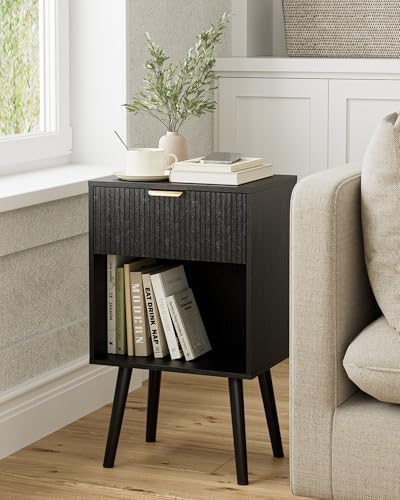 Black Fluted Nightstand, Modern Bedside Table with Storage Drawer, Wood Night Stand Side End Table for Bedroom, Living Room, Office - color: Black