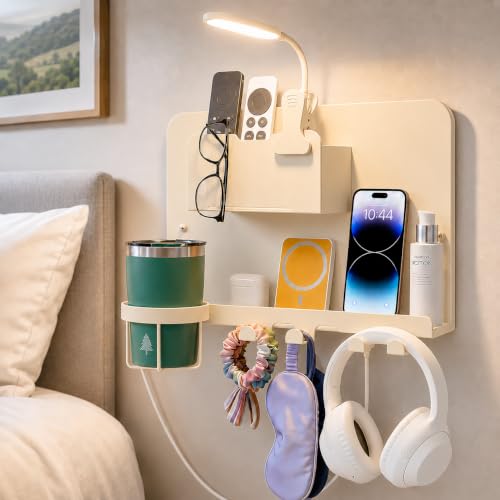 Floating Bedside Wall Shelf, Metal Wall Organizer with Detachable Cup Holde | No Drill Floating Wall Mounted Storage for Bedroom, Dorm, Loft Bed, Bunk Bed & Small Space Organization - color: Off-white