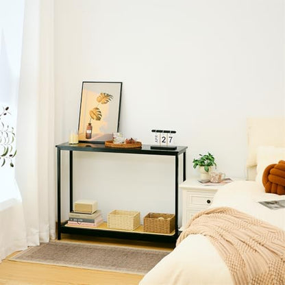 Bamboo Narrow Console Table, 39.4"(L) Wood Small Entryway Table with Rattan and Glass, Accent Slim Hallway Tables, Thin Sofa Side Tables for Hallway, Living Room, Bedroom, Foyer, Black - color: Black 39.4"(l)