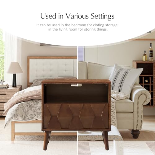 Mid-Century Modern End Table with Charging Station, Open Shelf & Drawer with Velvet-Lined Hidden Compartment, Wood Side Tables with Geometric Panel, Walnut