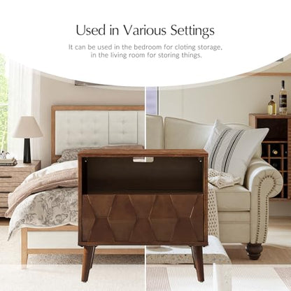 Mid-Century Modern End Table with Charging Station, Open Shelf & Drawer with Velvet-Lined Hidden Compartment, Wood Side Tables with Geometric Panel, Walnut