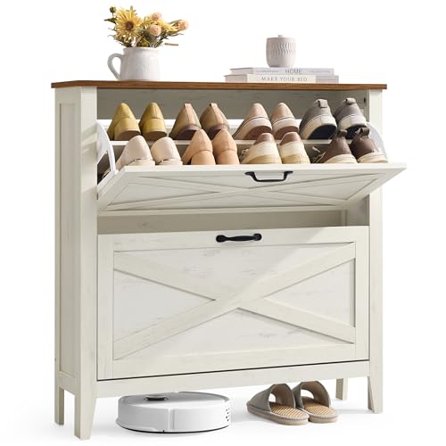 VASAGLE LIRY Collection - Shoe Storage Cabinet Organizer with 2 Flip Drawers, Freestanding Narrow Shoe Rack Cabinet for Entryway, Farmhouse Style, Fits 12 to 16 Pairs, Rustic White UHSC201W01 - color: Rustic White, size: 9.4"D x 34.3"W x 34.6"H, style: 2