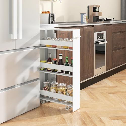 Slim Rolling Storage Cart, 4-Tier Kitchen Utility Carts on Wheels, Wood Shelving Unit Organizer Trolley with Handle, 5” Width Narrow Cart for Small Spaces, Laundry, Bathroom (White)