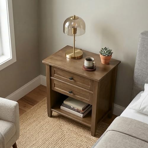 SIMPLIHOME Warm Shaker Nightstand - 24 inch Wide Solid Wood Bedside Table in Rustic Natural Aged Brown, Transitional Side Table or End Table with 2 Drawers, Open Shelf, Bronze Knobs and Tapered Legs - color: Rustic Natural Aged Brown