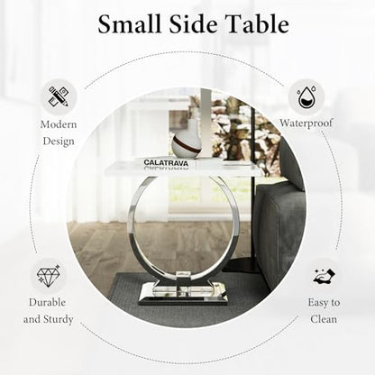 Asday 23.6" White and Silver End Table, Modern Side Table with Glossy Wooden Top and Stainless Steel U-Shaped Base, Accent Table for Living Room, Bedroom, Lounge - color: White and Silver, size: Set of 1