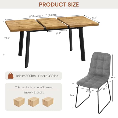 Extendable Dining Table Set for 4 to 8 People, 47.2" to 63" Modern Kitchen Table Set with 6 Chairs, MDF Dining Room Table and Chairs with Removable Extension Leaf (Walnut Table+U-Shaped Grey Chairs) - color: 47.2'' - 63'' Walnut Table+6 U Grey Chairs