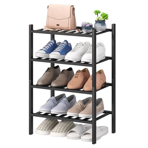 viewcare Black Small Shoe Rack for Entryway, 4-Tier Bamboo Shoe Organizer for Hallway Closet, Free Standing Shoe Racks for Indoor Outdoor - color: Black, size: 4-Tier_Samll