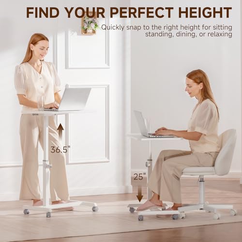 GTPLAYER Small Standing Desk, 24 Inches Foldable Mobile Rolling Laptop PC Table with Lockable Casters, Adjustable Height Overbed Bedside Table Computer Workstation for Home Office, White-Foldable - color: White-foldable