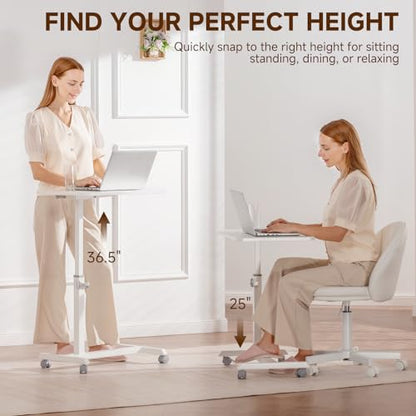 GTPLAYER Small Standing Desk, 24 Inches Foldable Mobile Rolling Laptop PC Table with Lockable Casters, Adjustable Height Overbed Bedside Table Computer Workstation for Home Office, White-Foldable - color: White-foldable