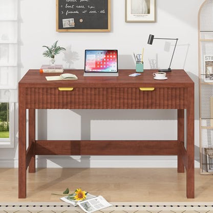 YOMILUVE Fluted Computer Desk with 2 Drawers, 39 Inch Small Computer Desk with Storage, Compact Writing Study Desk for Small Spaces, Red Walnut - color: Red Walnut