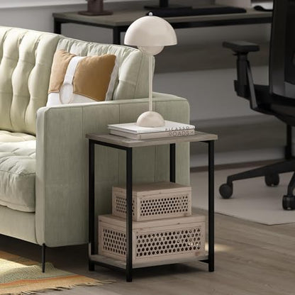 Pemberly Row Industrial End Table, Metal Frame with French Oak Finish, 11.7 x 15.2 x 19.7 in, 2-Tier Shelves, Durable Composite Wood, Rustic Style Living Room Side Table