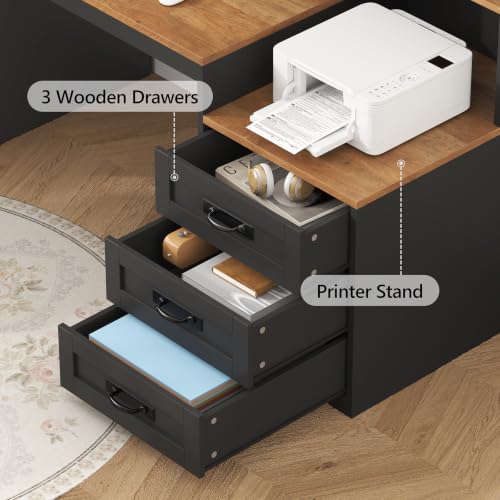 65" Farmhouse Computer Desk with Drawers and Printer Stand for Home Office | Office Desk with Power Outlets and Storage Cabinet, Study Writing Desks with Long Monitor Stand, Brown and Black - color: Brown and Black