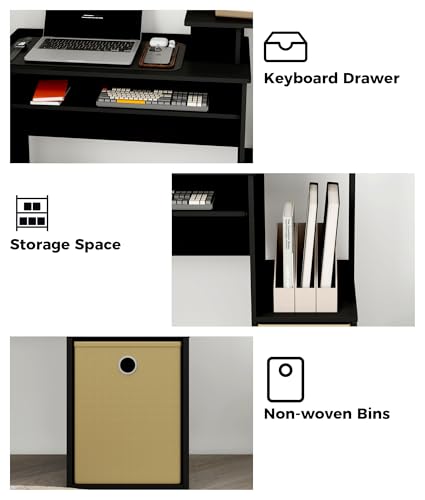 Small Computer Writing Desk with Drawers, Home Office Desk with Storage Shelves for Home Office Bedroom, Black/Brown - color: Black/Brown