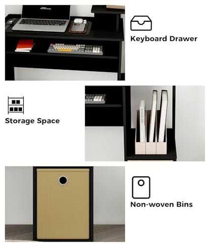 Small Computer Writing Desk with Drawers, Home Office Desk with Storage Shelves for Home Office Bedroom, Black/Brown - color: Black/Brown