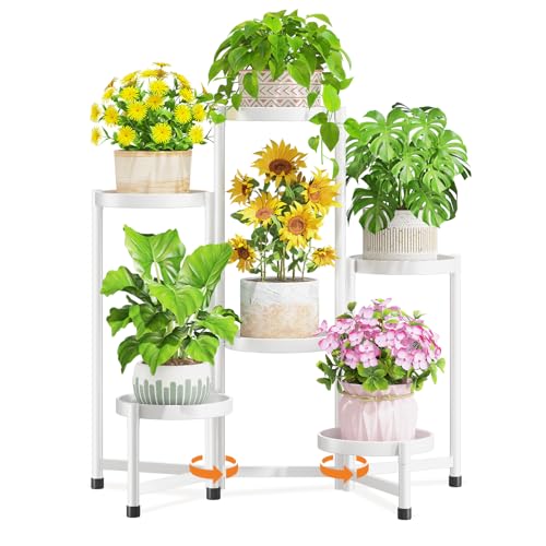 LASZOLA 6 Tiered Folding Tall Plant Stand Indoor for Multiple Large Planter, Heavy Duty Metal Adjustable Flower Rack for Narrow Corner, Sturdy Vertical Spiral Shelving Holder for Modern House, White - size: 6 Tier, White