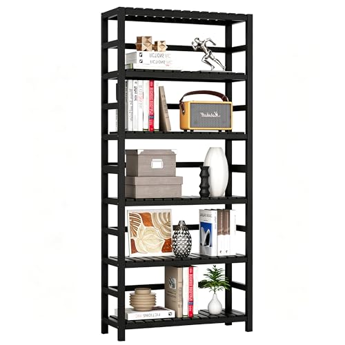 VASMIA 6-Tier Bamboo Shelf,Bamboo Storage Shelving Unit,Tall Bookcase with Adjustable Shelves,Multipurpose Storage Display Shelf for Bathroom, Living Room, Balcony, Kitchen,Black - color: Black, size: 6-Tier