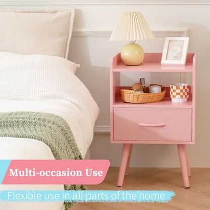 Yoobure Night Stand with Fabric Drawer, Modern Nightstand, Bedside Tables, Mid Century Nightstands with Open Storage Shelf, Wood Bedside Table, Small Night Stands for Bedrooms, 2-Tier Night Table - color: Pink
