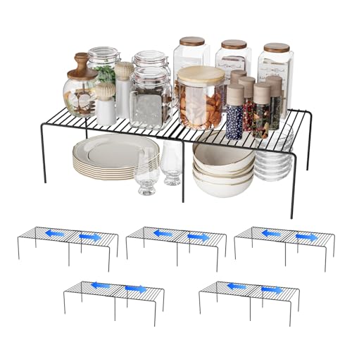 6Pack Expandable Storage Shelf, 13.5"~23" L x 9.4" W x 5.5" H, Black | Adjustable Rustproof Metal Wire Spice Rack, Space Saver Kitchen Storage Shelves for Pan, Pot, Countertop, Drawer, Fridge - size: 6Pack-Black-13.5-23 x 10 inch