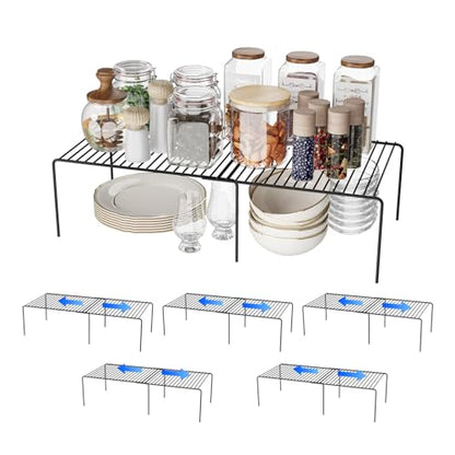 6Pack Expandable Storage Shelf, 13.5"~23" L x 9.4" W x 5.5" H, Black | Adjustable Rustproof Metal Wire Spice Rack, Space Saver Kitchen Storage Shelves for Pan, Pot, Countertop, Drawer, Fridge - size: 6Pack-Black-13.5-23 x 10 inch