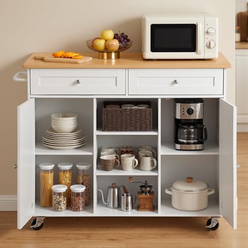 VEVOR Kitchen Island Cart with Storage, 45.67 in Wide Mobile Rolling Storage Island on Swivel Wheels, with 2 Drawers, Storage Cabinet, Drop Leaf, Towel Rack, Table for Home Dining Room, White - size: 45.67"W (dropleaf)