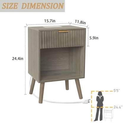 Fultyle Grey Wood Nightstand with Charging Station, Modern Bedside Table with Fluted Drawers and Storage Shelf, End Side Tables Living Room for Bedroom, Office (Grey) - color: Grey With Charging Station