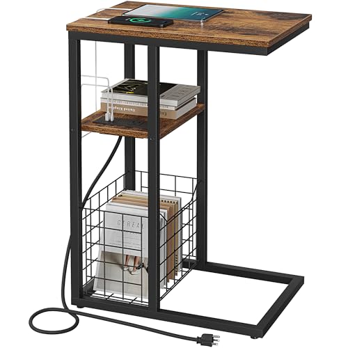 C Shaped End Table with Charging Station, Side Table for Couch, Small Side End Table for Small Spaces, 28" High Slide Under Sofa Table for Coffee, Tv Tray Table for Living Room, Rustic Brown - color: Rustic Brown