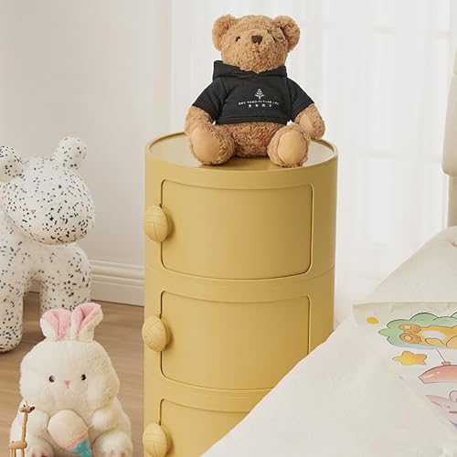3 Tier Round Nightstand with Drawers, Plastic Yellow Nightstand Modern Round Bedside Table with Handles and Sliding Door for Bedroom, Living Room - color: Yellow