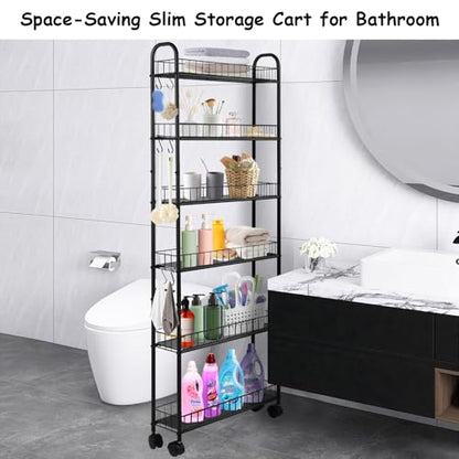 6-Tier Slim Rolling Storage Cart with Wheels, Tall Narrow Storage Shelves for Small Spaces, Metal Utility Cart Mobile Shelving Unit on Wheels for Kitchen, Bathroom, Office - size: 6 in Wide