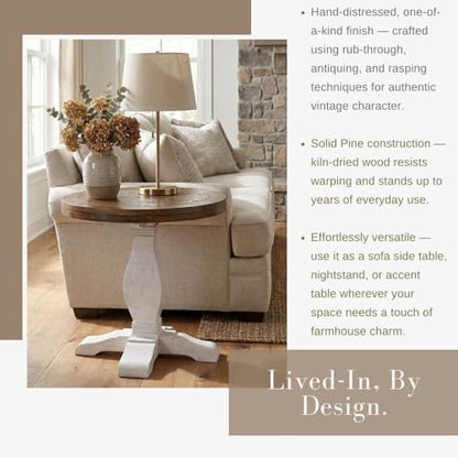 Napa Solid Wood Farmhouse Rustic Reclaimed Natural and White Stain Round End Side Accent Living Room Table, Nightstand Bedside 26" W x 26" D x 25" H | Farmhouse Rustic, Pine Wood, Round Side Table, Nightstand, 2" Plank Top, for Living Room or Bedside, 26"