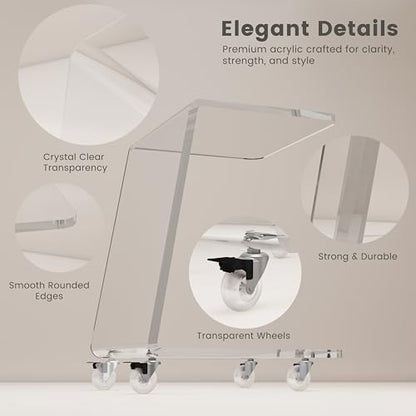 Modern Acrylic Side Tables Set of 2, 15mm Thick Clear Lucite End Tables with Wheels for Living Room & Bedroom, Luxury C-Shaped Rolling Sofa Tables, Heavy Duty Contemporary Furniture - color: 2-pack