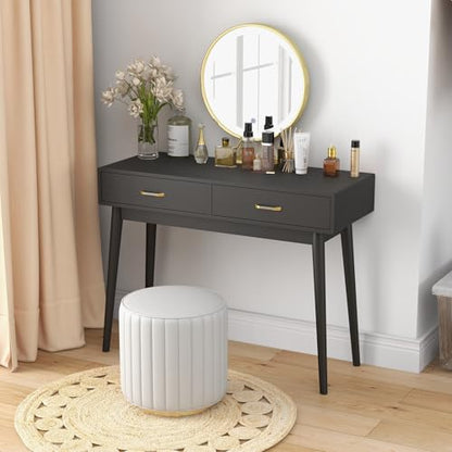 FUNKOCO Small Black Desk with Drawers - 40 Inch Home Office Study Writing Desk for Bedroom, Vanity Desk with 4 Solid Legs, Modern Computer Desk for Small Spaces (Balck) - color: Black