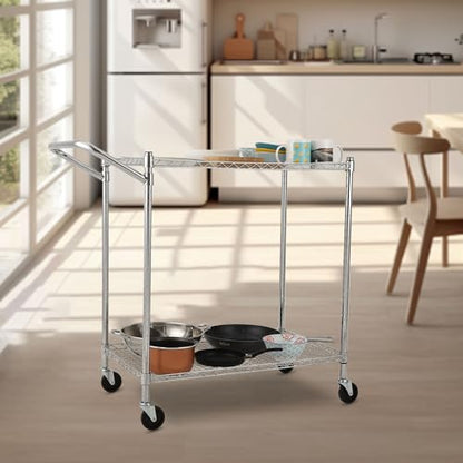 TrailBlaze Kitchen Utility Cart, 2-Tier Wire Rolling Utility Cart, Stainless Steel Service Cart w/Wheels and Adjustable Storage Rack Handle - for Laundry, Garage, Bathroom - Low Handle - size: 2-Tiers low handle