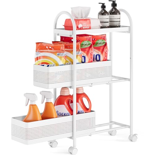 KINGRACK 3-Tier Slim Storage Cart with Pull Out Basket, Rolling Bathroom Organizer Utility, Metal Shelving Unit Slide Out, Lockable Wheels, Easy Assembly for Narrow Place, Kitchen, Laundry Room, White - color: White, size: 3 Tier-2BKT