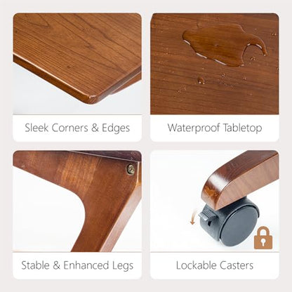 TV Tray Table with Casters, Solid Rubberwood End Tables, Sofa Side Table Couch Table Laptop Desk Removable Snack Tray for Coffee Bed Sofa Eating Writing Reading Living Room Bedroom, Dark Walnut - color: Dark Walnut