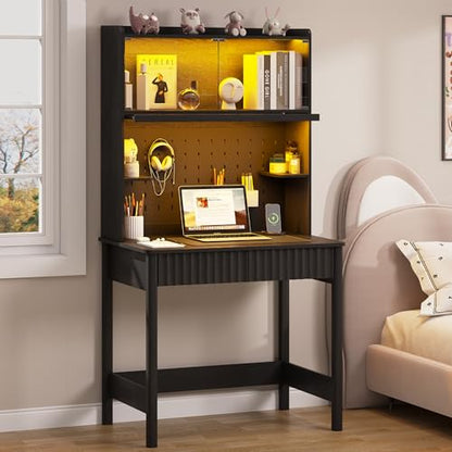 Lvifur 31.5" Small Study Desk with - Drawer & Hutch,Computer Desk with Charging Station,Compact Writing Desk with LED Reading Lights,Home Office Desks for Small Spaces,Bedroom Study Room,Black - color: Black