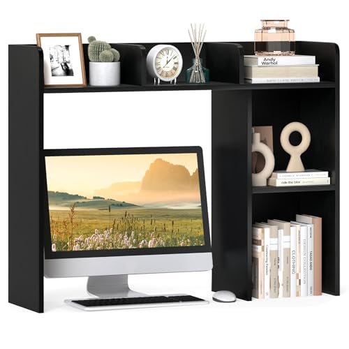 GIANTEX Desktop Bookshelf, Wood Desk Hutch Organizer for 27 Inch Computer Monitor, Countertop Storage Display Rack with 5 Shelves, Multipurpose Desktop Shelf Bookcase for Dorm Office Home, Black - color: Black, size: 5 Shelves (29"H)