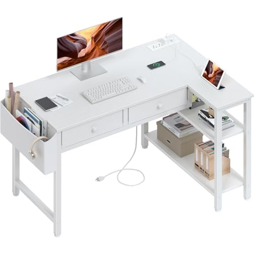 DLisiting Small White L Shaped Desk with Drawers & Storage Shelves, 40 Inch Corner Desk with Power Outlet for Small Space Home Office, Study Work PC Desks for Bedroom - color: White, size: 39.4''