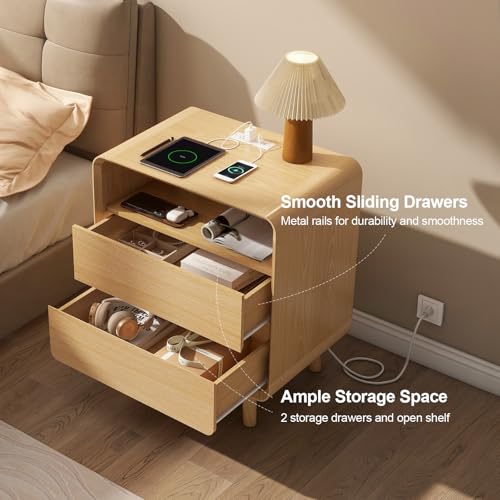 Nasonet Modern Nightstand with Charging Station, Wood End Tables Bedroom Nightstands with Drawers, Wide Curved Bedside Table for Kids Bedroom, Living Room, Oak - color: Oak, size: 2 Drawers