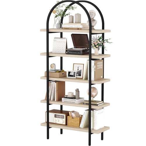 Yusong Bookshelf 5 Tier Arched Bookcase, 74" Tall Industrial Open Book Shelves for Living Room, Modern Freestanding Display Shelving Storage Rack with Metal Frame, Office, Bedroom, Natural Wood Color