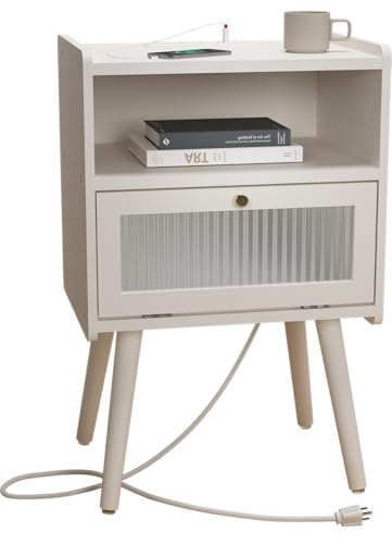 Mid Century Modern Nightstand with Charging Station, Bedside Tables with Glass Decorative Door, End Table Side Table with 2 Tiers Storage Space, for Bedroom, Living Room, White - color: White, size: Hinged Door
