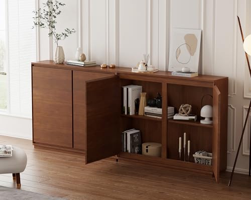 LKTART Real Wood Veneer Narrow Sideboard Buffet Modular Storage Cabinet | Real Walnut Veneer,Mid Century Modern Modular Thin Credenza Sideboard Buffet Cabinet,Narrow Slim Entryway Storage Cabinet - color: Brown Walnut-2 Pieces