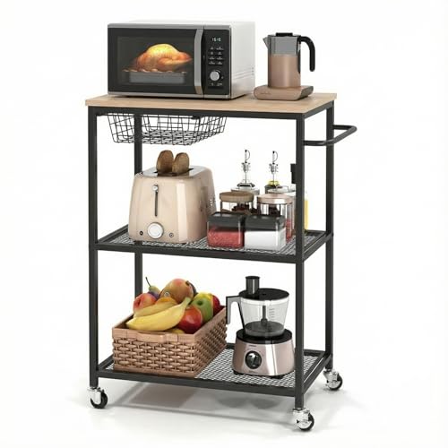 Rolling Kitchen Microwave Cart, 3 Tier Microwave Table Stand with Storage, Kitchen Utility Cart on Lockable Wheels, Small Coffee Cart Shelf Rack Organizer for Kitchen Island Coffee Bar Office Black