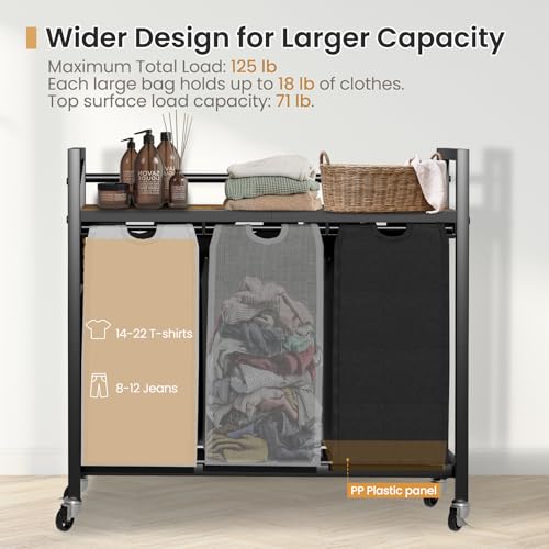 SwaaVee Laundry Sorter, Laundry Hamper 3 Section, 3×11.4Gal, Metal Frame Rolling Laundry Basket with Wooden Top Shelf, Pull out and Removable Laundry Bags, 3 Bags-Black Grey White - color: Black-Grey