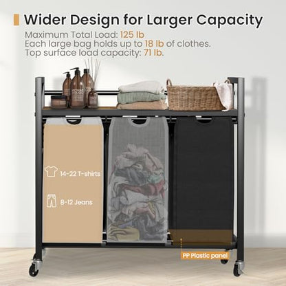 SwaaVee Laundry Sorter, Laundry Hamper 3 Section, 3×11.4Gal, Metal Frame Rolling Laundry Basket with Wooden Top Shelf, Pull out and Removable Laundry Bags, 3 Bags-Black Grey White - color: Black-Grey
