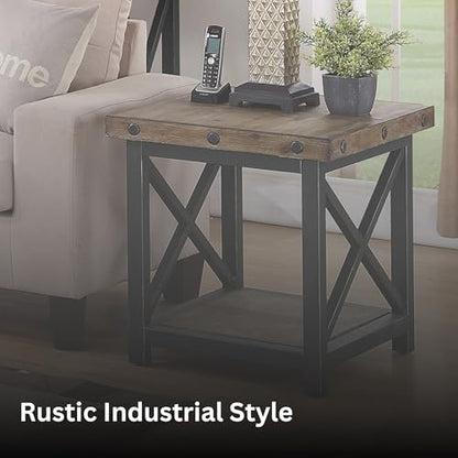 Flexsteel Craftsman Solid Acacia Wood End Table, Rustic Industrial with Lower Shelf, Hand Worked Metal Frame, Distressed Side Table Living Room Furniture, Farmhouse Nightstand (Light Brown)