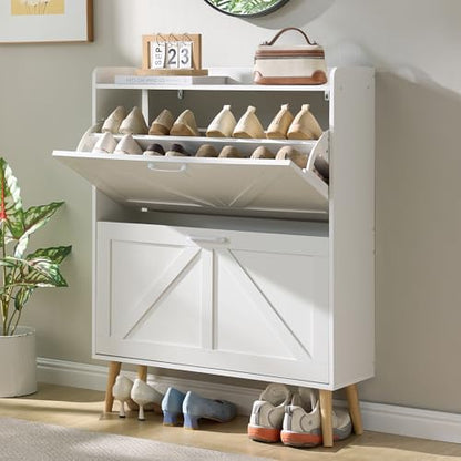 LEYAOYAO Shoe Cabinet Storage for Entryway with 2 Flip Drawers | Rack Narrow Organizer Slim Hidden Wood Shoe Cabinet Furniture - color: White