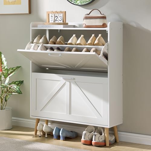 LEYAOYAO Shoe Cabinet Storage for Entryway with 2 Flip Drawers | Rack Narrow Organizer Slim Hidden Wood Shoe Cabinet Furniture - color: White