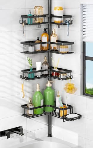 HAMITOR Shower Caddy Tension Pole: 4-Tier Corner Bathroom Organizer Shelf with Soap Holder & Hooks - No-Drill Adjustable Standing Storage Rack for Apartment Renters - 47-123 Inch Black - color: Black