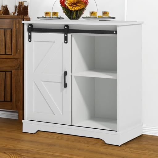 Panana Sliding Barn Door Buffet Sideboard Storage Cabinet Coffee Bar Kitchen Farmhouse Style (White) - color: White