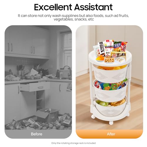 3-Tier Adjustable Kitchen Storage Rack,3 Layer Rotating Vegetable Organizer with Lockable Casters,Multi-Layers Rotatable Baskets for Kitchen Bathroom Living Room,White - size: 3-Tier